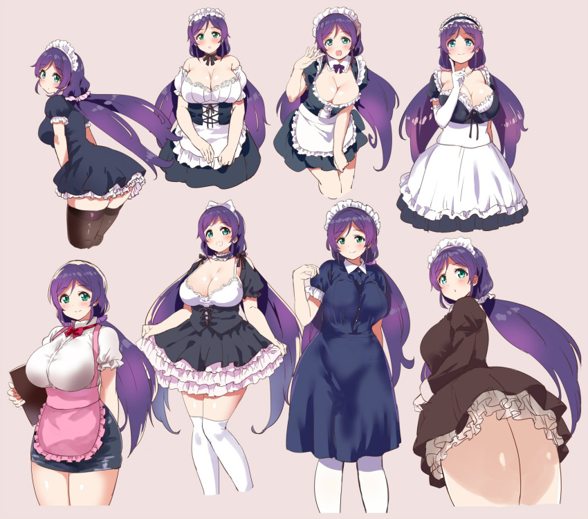 1girl apron breasts cleavage green_eyes highres kurokawa_makoto large_breasts long_hair love_live! love_live!_school_idol_project low_twintails maid maid_apron maid_headdress puffy_sleeves purple_hair scrunchie toujou_nozomi twintails waist_apron