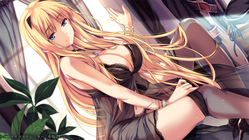 1girl artist_name babydoll baldr_sky bangs black_hat black_legwear black_shoes blonde_hair blue_eyes blue_ribbon bracelet breasts cleavage closed_eyes closed_mouth curtains dutch_angle fingernails hair_ornament hat hat_removed hat_ribbon headwear_removed high_heels indoors jewelry kirishima_rain large_breasts lips long_hair looking_at_viewer moneti_(daifuku) navel pendant plant ribbon shoes sitting smile solo sunlight thighhighs_pull window