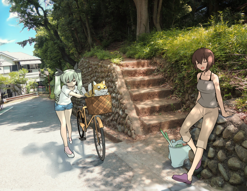 2girls absurdres anchovy arm_support bag bangs bicycle black_ribbon blue_shorts brown_eyes brown_hair brown_pants camisole capri_pants casual commentary dog drill_hair flats girls_und_panzer green_hair grey_shirt ground_vehicle hair_ribbon half-closed_eyes highres hoshikawa_(hoshikawa_gusuku) leaning_back long_hair multiple_girls nishizumi_maho open_mouth outdoors pants photo_background purple_shoes pushing red_eyes ribbon sandals shirt shoes shopping_bag short_hair short_shorts short_sleeves shorts sitting smile socks spring_onion standing t-shirt tail_wagging tired twin_drills twintails white_legwear white_shirt white_shoes