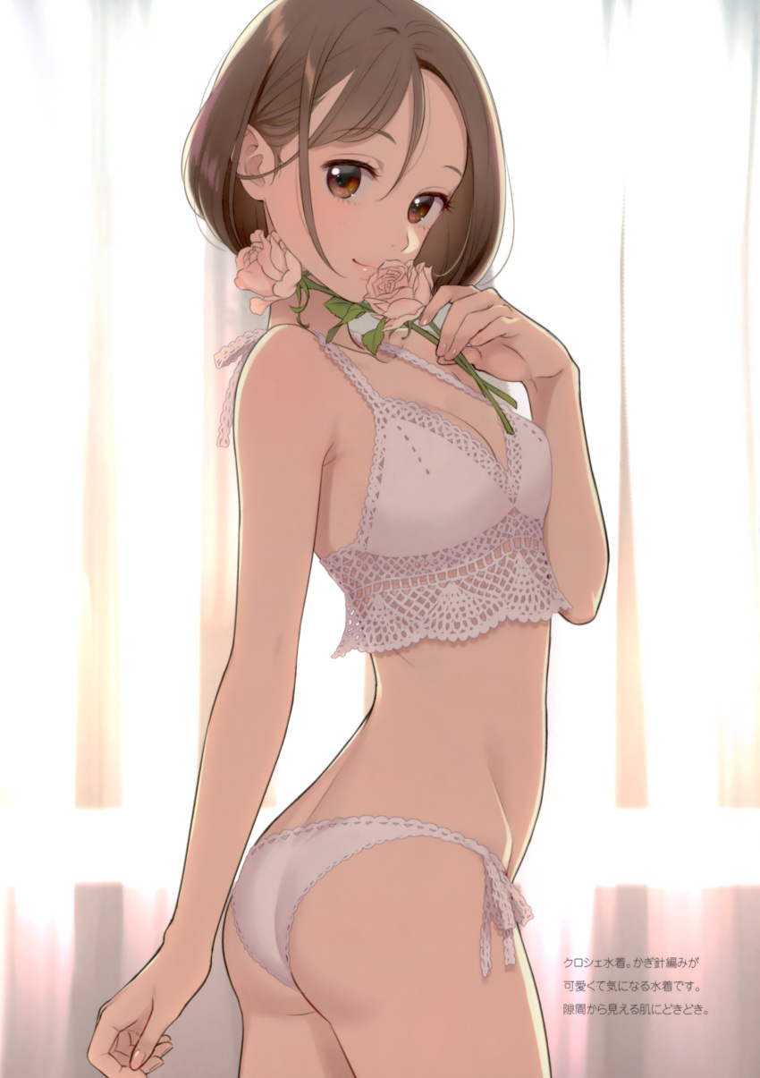 1girl absurdres ass bangs bare_shoulders bikini bob_cut breasts brown_eyes brown_hair cleavage cowboy_shot curtains eyebrows_visible_through_hair flower from_side highres holding indoors lace lace-trimmed_bikini lips looking_at_viewer looking_back medium_breasts morikura_en original scan short_hair side-tie_bikini smile solo standing swimsuit twisted_torso white_bikini