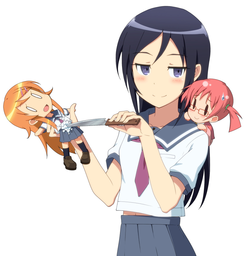 aragaki_ayase blue_eyes blue_hair blue_skirt blush breast_pocket broken character_doll hands_up highres holding holding_doll holding_knife knife kousaka_kirino long_hair looking_at_viewer midiman navel necktie ore_no_imouto_ga_konna_ni_kawaii_wake_ga_nai pleated_skirt pocket red_necktie sailor_collar school_uniform serafuku shirt skirt smile sweatdrop transparent_background white_shirt