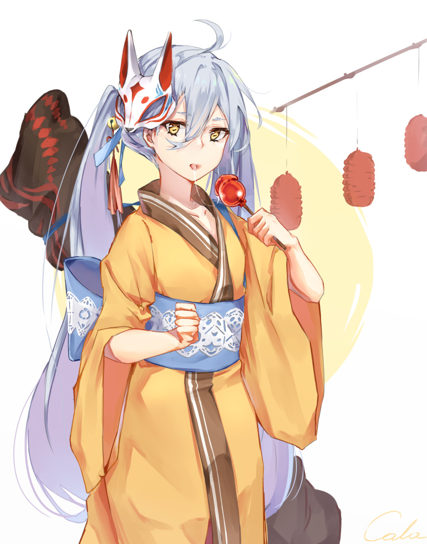 1girl absurdres ahoge artist_name bangs bell black_cola candy_apple cowboy_shot food fox_mask girls_frontline grey_hair hair_bell hair_between_eyes hair_ornament hand_up highres holding holding_food japanese_clothes jingle_bell kimono lantern long_hair looking_at_viewer mask mask_on_head obi paper_lantern pkp_(girls_frontline) saliva saliva_trail sash signature silver_hair solo tongue tongue_out very_long_hair yellow_eyes yellow_kimono yukata