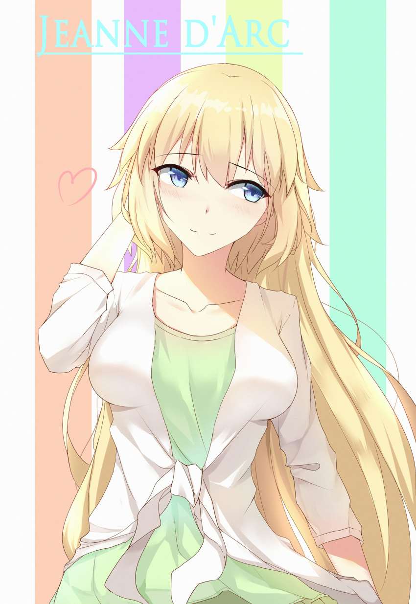1girl blonde_hair blue_eyes blush breasts casual character_name contemporary dress fate/grand_order fate_(series) hand_behind_head heart highres jacket large_breasts light_smile long_hair looking_at_viewer ruler_(fate/apocrypha) sdustz short_dress solo