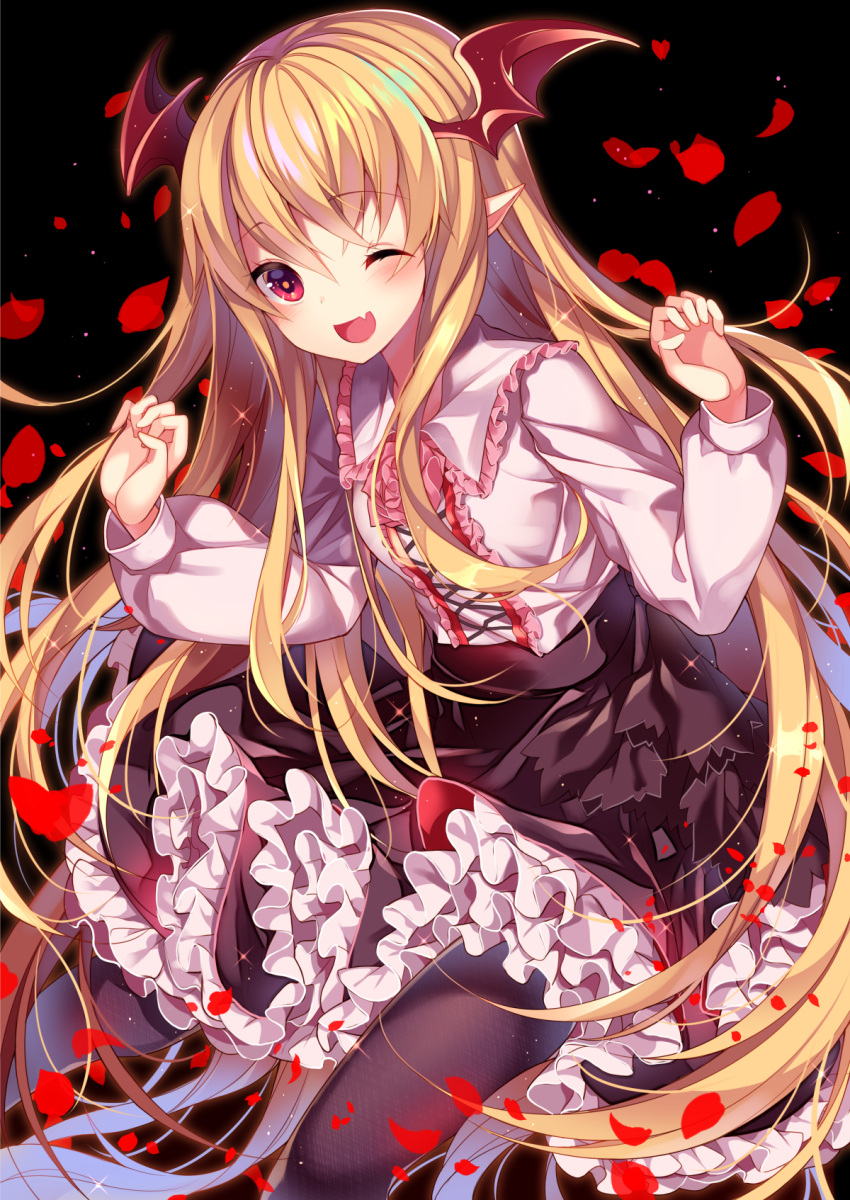 10s 1girl ;d bat_wings black_background black_legwear black_skirt blonde_hair fang flower granblue_fantasy head_wings highres homarerererere long_hair looking_at_viewer one_eye_closed open_mouth pantyhose petals pointy_ears red_eyes rose shingeki_no_bahamut skirt smile solo vampy wings