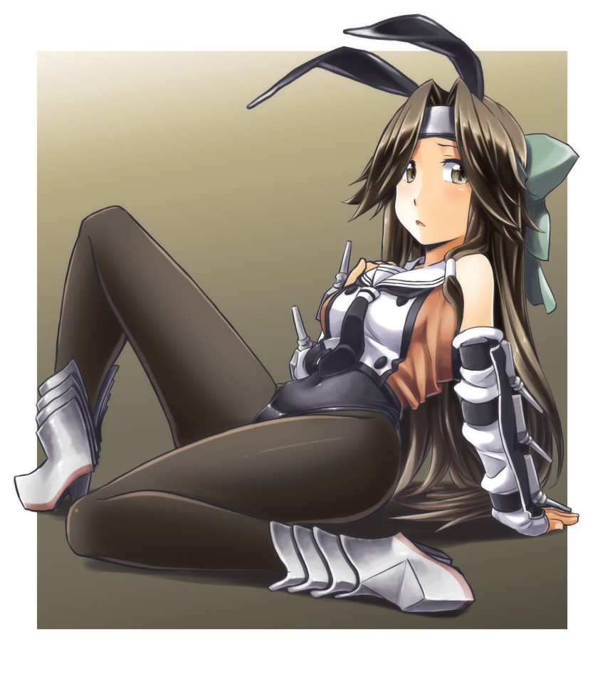 1girl adapted_costume alto-00 animal_ears arm_warmers black_legwear black_leotard blush boots breasts brown_background brown_eyes brown_hair bunnysuit cannon elbow_gloves fake_animal_ears forehead_protector full_body gloves hachimaki hair_intakes hair_ribbon hand_on_own_chest headband highres jintsuu_(kantai_collection) kantai_collection leotard long_hair looking_at_viewer medium_breasts necktie open_mouth pantyhose rabbit_ears remodel_(kantai_collection) ribbon sitting smile solo turret
