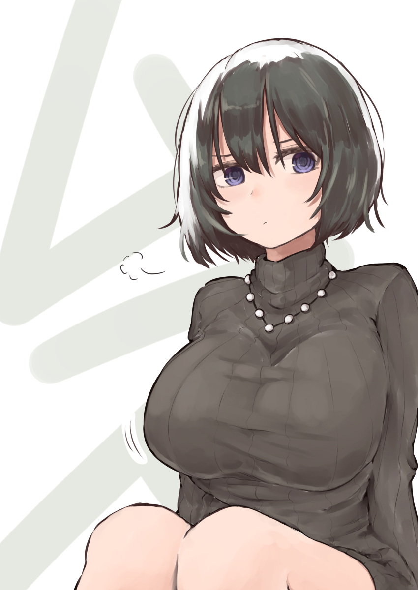 1girl =3 absurdres bangs bead_necklace beads black_hair black_sweater blue_eyes blush bob_cut breasts closed_mouth dress hair_between_eyes highres jewelry knees_up large_breasts legs_together looking_at_viewer necklace original pout ribbed_sweater rucchiifu short_hair sitting solo sweater sweater_dress turtleneck turtleneck_sweater