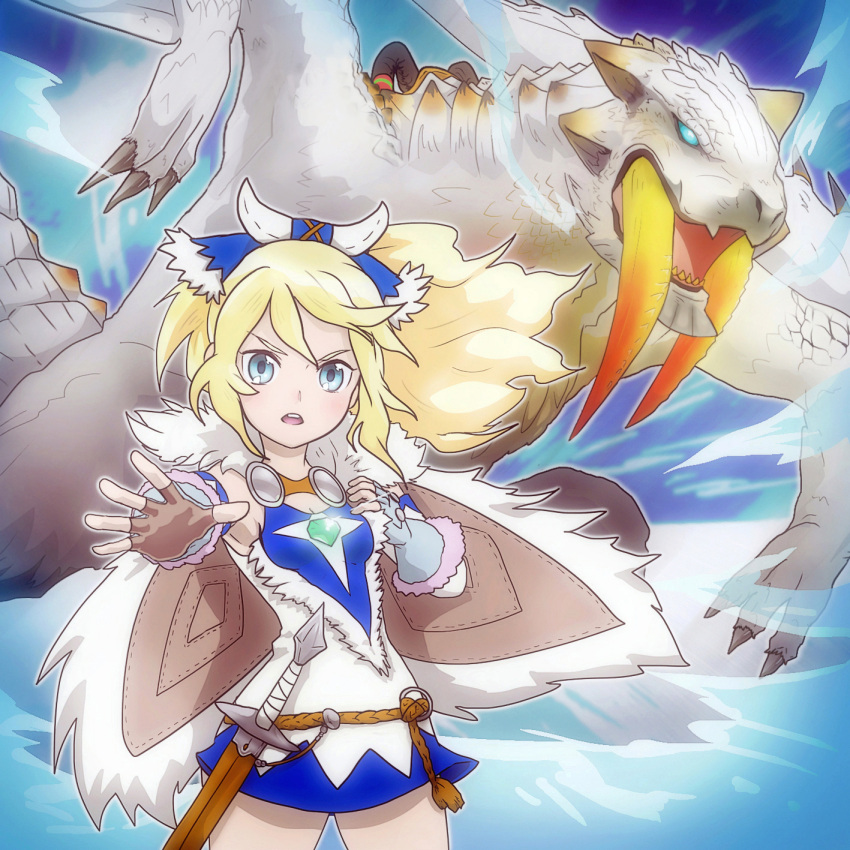 1girl ayuria barioth blonde_hair blue_eyes bone_hair_ornament breasts cape cleavage cowboy_shot dragon dress fangs fur_trim highres ice long_hair looking_at_viewer monster_hunter monster_hunter_stories ponytail runachikku solo strapless strapless_dress tube_dress