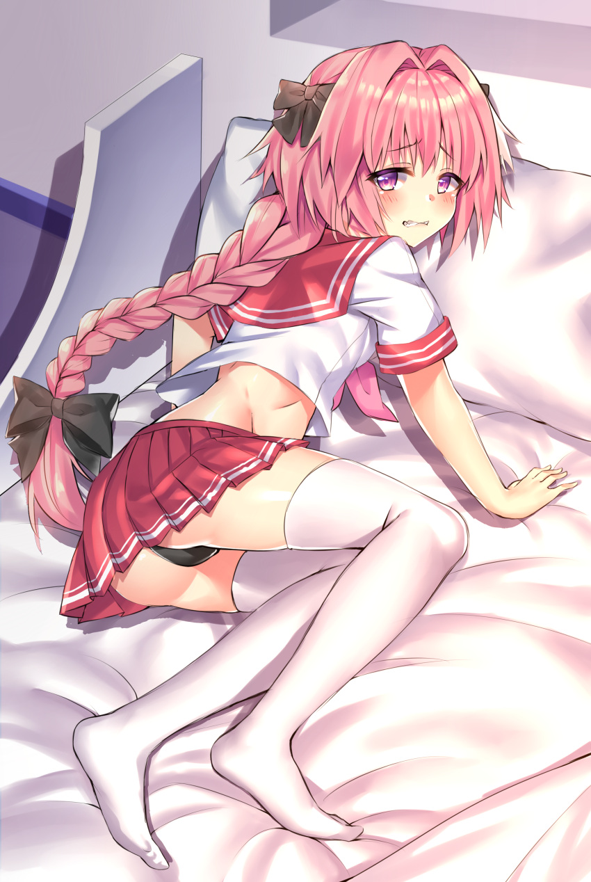 1boy absurdres bed black_panties black_ribbon blush braid clenched_teeth embarrassed fate/apocrypha fate/grand_order fate_(series) google_(asdek18) hair_ribbon highres long_hair looking_back midriff on_bed panties pillow pink_hair pleated_skirt red_skirt ribbon rider_of_black school_uniform serafuku short_sleeves single_braid skirt solo teeth thigh-highs trap underwear violet_eyes wavy_mouth white_legwear