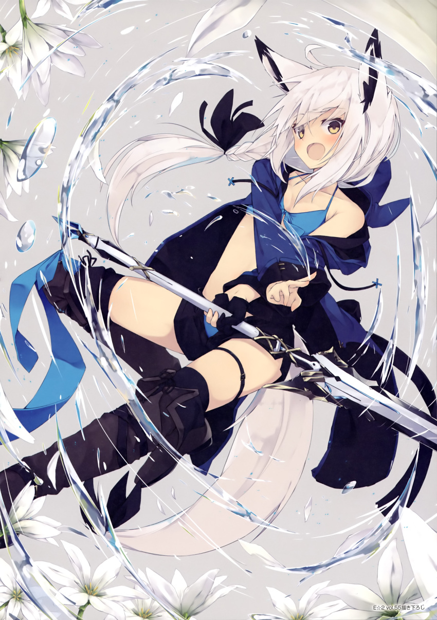 1girl :d absurdres animal_ears bikini black_boots black_legwear black_ribbon blue_bikini blush boots braid breasts brown_eyes cleavage eyebrows_visible_through_hair fox_ears fox_tail hair_ribbon highres holding holding_sword holding_weapon knee_boots long_hair low-tied_long_hair nagishiro_mito open_mouth original ribbon silver_hair small_breasts smile solo swimsuit sword tail thigh-highs thigh_strap very_long_hair water weapon white_flower