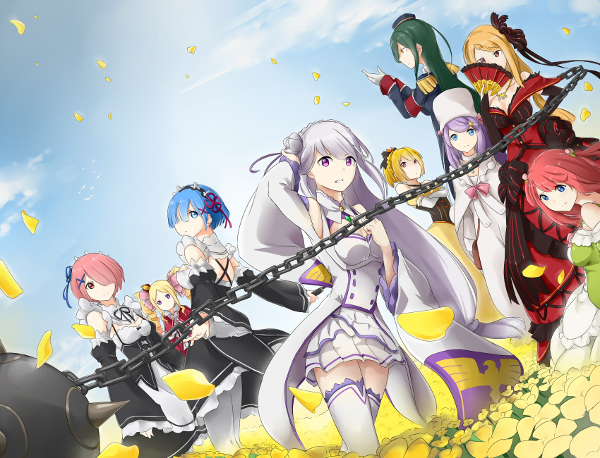 6+girls anastasia_hoshin apron arm_up beatrice_(re:zero) black_bow black_ribbon blonde_hair blue_eyes blue_hair blue_hat blue_ribbon bow breasts brown_eyes capelet chains cleavage collarbone crossed_arms crusch_karsten day dress drill_hair emilia_(re:zero) fan fan_over_face felt_(re:zero) field floating_hair flower flower_field gloves green_hair grey_flower hair_bow hair_flower hair_ornament hair_over_one_eye hair_ribbon hand_in_hair hat highres holding holding_fan holding_weapon jewelry long_hair looking_at_viewer low-tied_long_hair medium_breasts miniskirt multiple_girls necklace outdoors petals pink_bow pink_hair pleated_skirt priscilla_barielle purple_flower purple_hair ram_(re:zero) re:zero_kara_hajimeru_isekai_seikatsu red_dress red_eyes red_ribbon redhead rem_(re:zero) ribbon saruno_(eyesonly712) short_hair silver_hair skirt standing theresia_van_astrea thigh-highs twin_drills two_side_up very_long_hair violet_eyes weapon white_apron white_dress white_gloves white_hat white_legwear white_skirt yellow_flower zettai_ryouiki