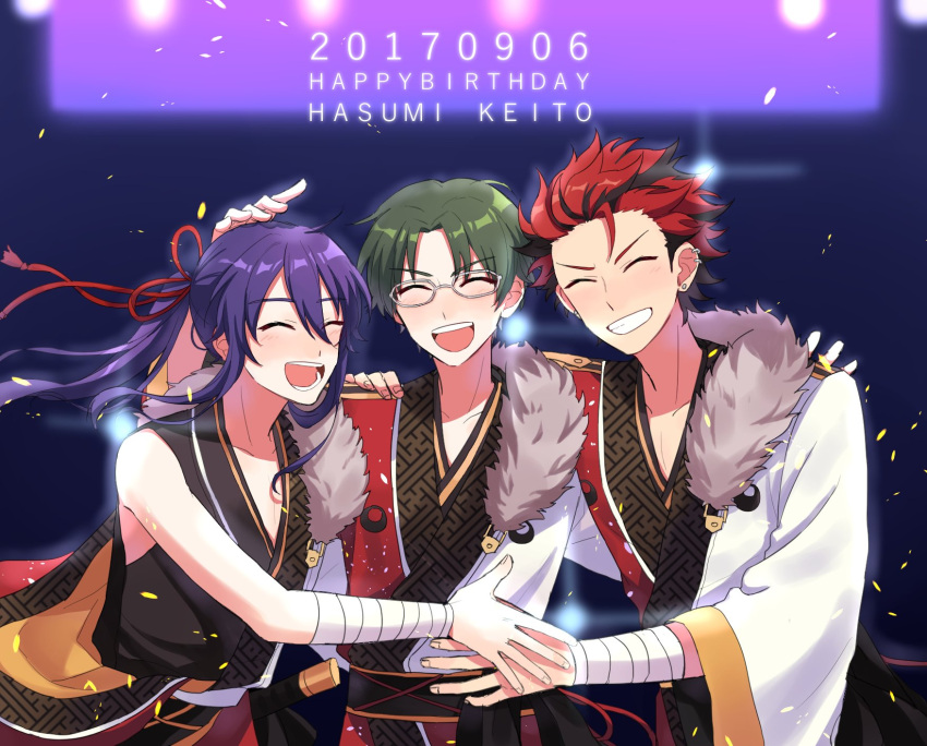 3boys akatsuki_(ensemble_stars!) bandage bare_shoulders ensemble_stars! fur_trim glasses green_hair group_hug happy_birthday hasumi_keito highres hug japanese_clothes kanzaki_souma kiryuu_kurou long_hair male_focus multicolored_hair multiple_boys ponytail purple_hair redhead short_hair smile sword weapon