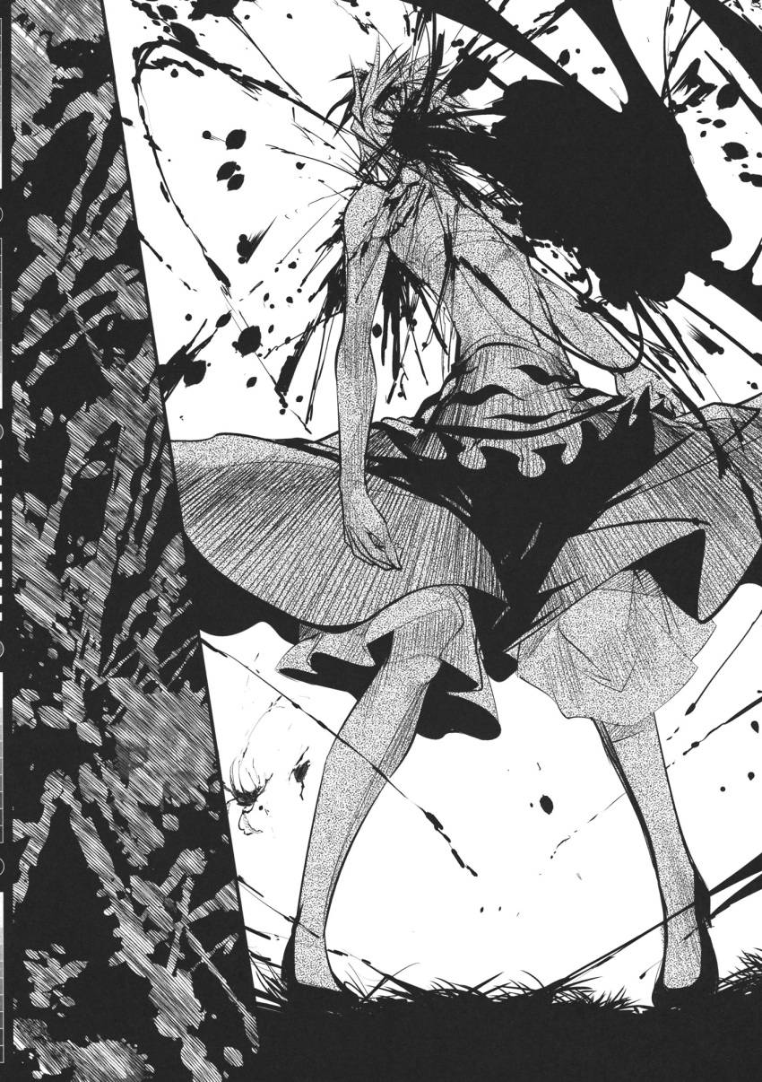 1girl animal_print blood blood_splatter chado comic greyscale hair_ornament highres monochrome sarashi short_hair skirt tiger_print toramaru_shou touhou translation_request