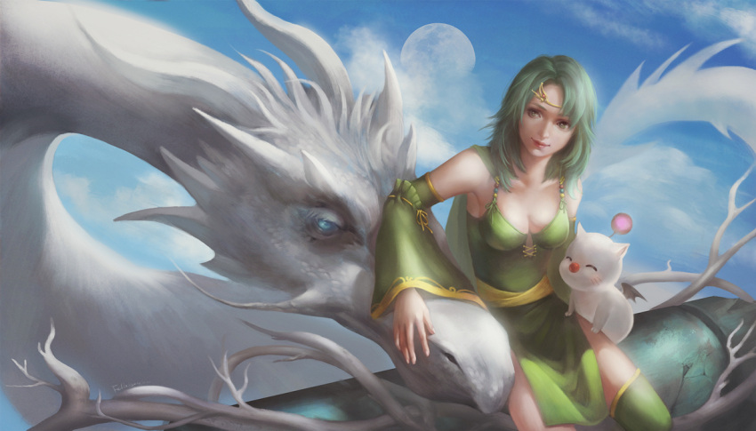 1girl artist_name asymmetrical_bangs bangs bat_wings blue_eyes blue_sky blush breasts cape cleavage clouds cowboy_shot day detached_sleeves dragon dress felix_(luoxia) final_fantasy final_fantasy_iv green_cape green_dress green_eyes green_hair green_legwear looking_at_viewer medium_breasts mist_dragon moogle moon outdoors rydia sash short_hair sitting sky spoilers thigh-highs tiara wide_sleeves wings