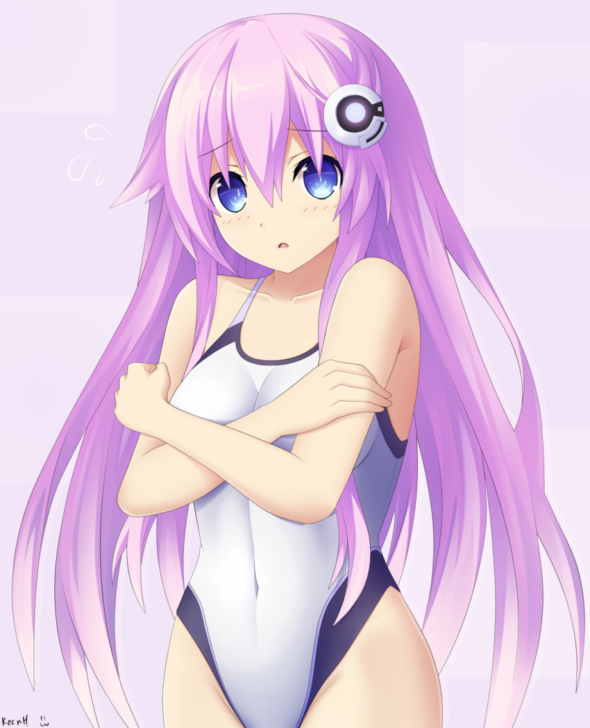 1girl blue_eyes blush choujigen_game_neptune collarbone competition_swimsuit covered_navel cowboy_shot d-pad embarrassed hair_ornament highres keenh long_hair nepgear neptune_(series) new_school_swimsuit one-piece_swimsuit purple_hair purple_sister school_swimsuit shin_jigen_game_neptune_vii solo swimsuit white_swimsuit
