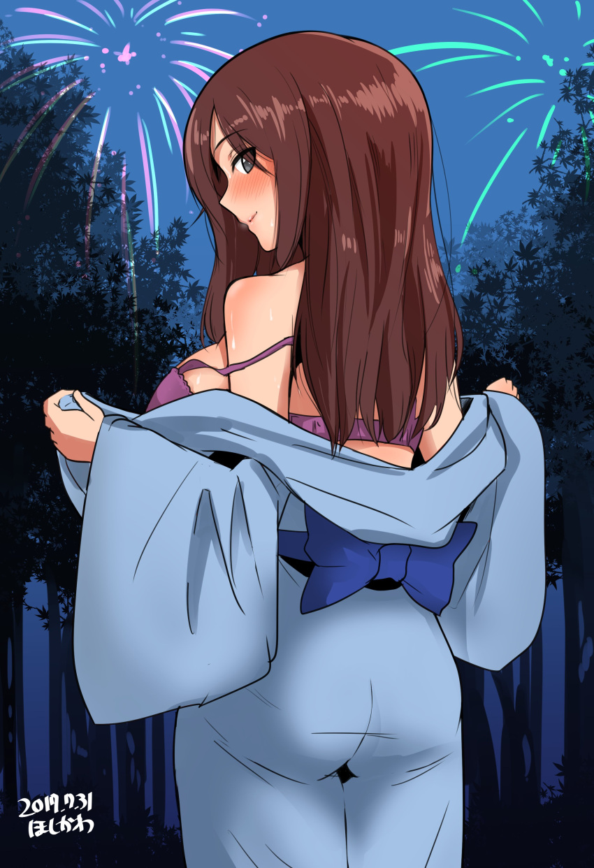 1girl absurdres artist_name bangs blue_eyes blue_kimono blush bra brown_hair closed_mouth commentary_request cowboy_shot dated fireworks forest from_behind girls_und_panzer highres hoshikawa_(hoshikawa_gusuku) japanese_clothes kimono kimono_pull light_smile long_hair looking_at_viewer looking_back nature night night_sky nonna purple_bra sky solo standing strap_slip swept_bangs tree underwear undressing