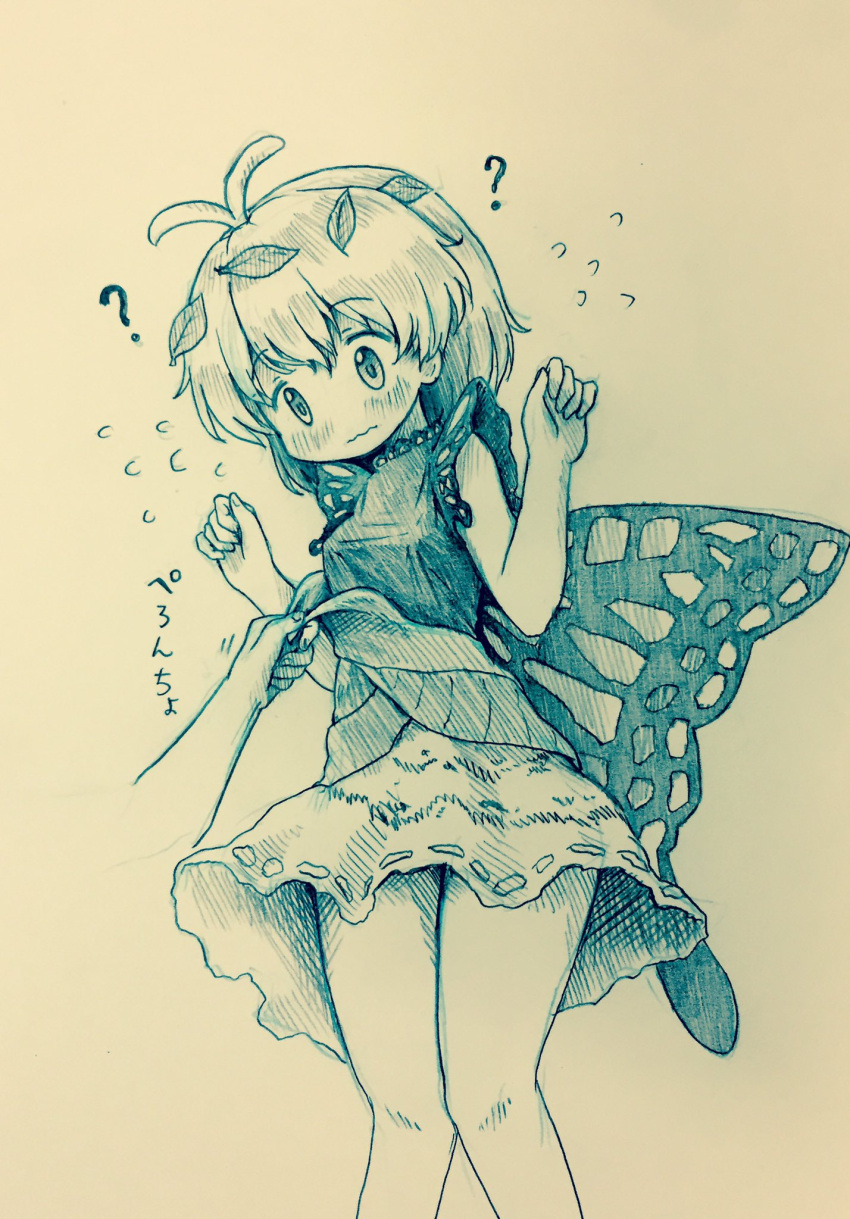 1girl ? antennae arinu bangs bare_arms bare_legs blush butterfly_wings closed_mouth commentary_request cowboy_shot dress dress_lift embarrassed eternity_larva flying_sweatdrops highres knees_together_feet_apart leaf leaf_on_head monochrome ribbon-trimmed_dress short_dress short_hair simple_background sleeveless sleeveless_dress solo_focus standing touhou traditional_media wavy_mouth wings