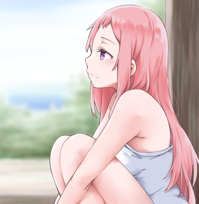 1girl aguri_(gamers!) blurry breasts camisole closed_mouth clouds depth_of_field from_side gamers! highres leg_hug long_hair medium_breasts outdoors pink_hair profile shirt sideways_mouth sitting sky sleeveless sleeveless_shirt smile solo very_long_hair violet_eyes white_shirt wing_(aiastor)
