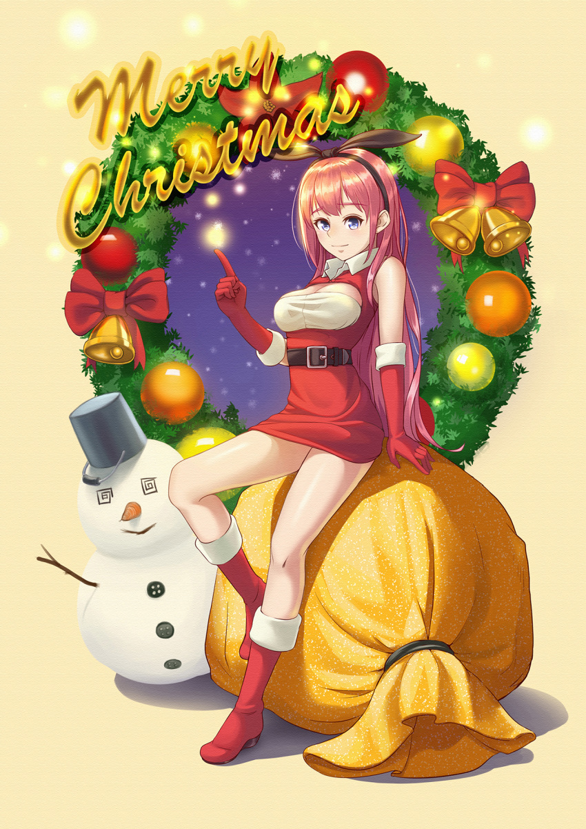 1girl bell belt blue_eyes boots breasts bucket c-eye christmas cleavage cleavage_cutout flower full_body gloves hairband highres index_finger_raised large_breasts looking_at_viewer merry_christmas ornament pink_hair poinsettia red_boots red_gloves sack santa_gloves sitting snowflakes snowman solo wreath