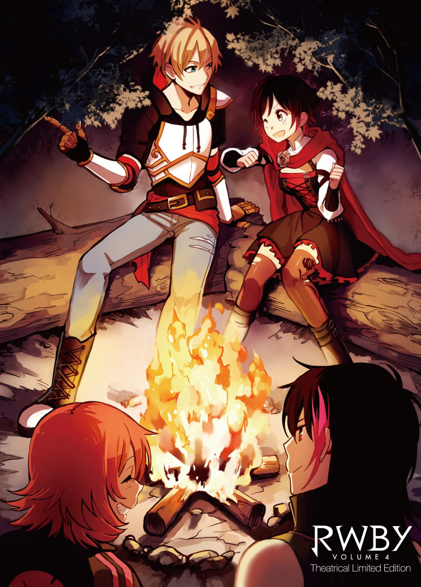 2boys 2girls alternate_costume campfire camping cape commentary_request highres jaune_arc kuma_(bloodycolor) lie_ren multiple_boys multiple_girls nora_valkyrie official_art ruby_rose rwby