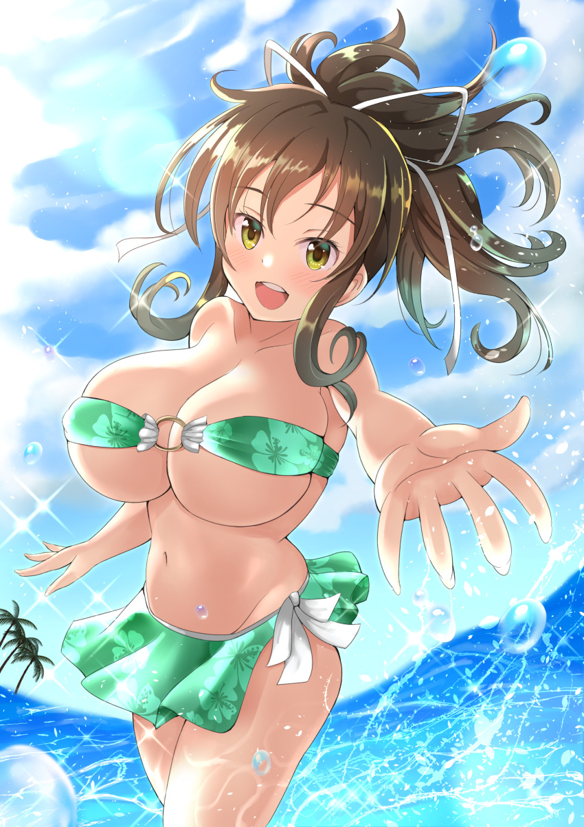 absurdres asuka_(senran_kagura) bad_hands bare_shoulders bikini bikini_skirt breasts brown_eyes clouds cloudy_sky collarbone green_bikini groin highres large_breasts long_hair looking_at_viewer navel o-ring_bikini o-ring_top palm_tree ponytail pyonpyonmaru raised_eyebrows reaching_out round_teeth senran_kagura senran_kagura_(series) skindentation sky smile splashing swimsuit teeth thighs tree water