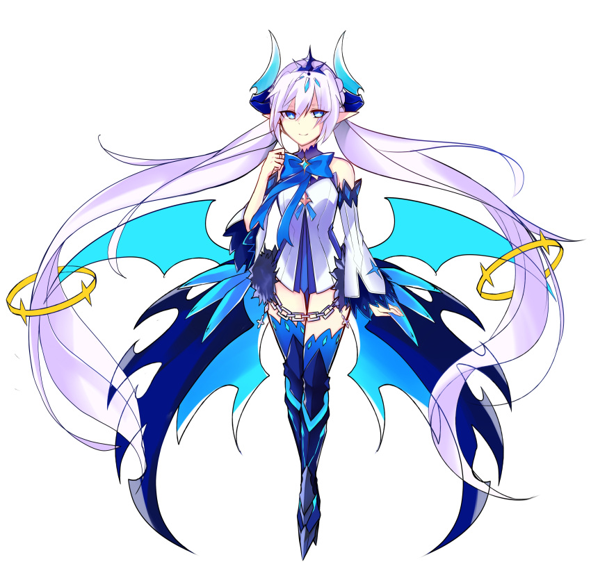 1girl absurdres armor armored_boots blue_boots blue_bow blue_bowtie blue_legwear boots bow bowtie chains detached_sleeve elsword eyebrows_visible_through_hair floating_hair full_body hair_between_eyes hair_ornament highres long_hair pointy_ears silver_hair simple_background solo thigh-highs thigh_hboots twintails very_long_hair white_background
