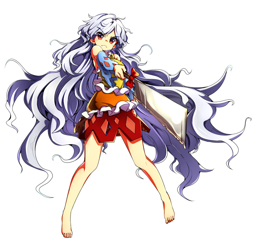 1girl :&lt; baba_(baba_seimaijo) bangs bare_legs barefoot commentary_request detached_sleeves dress foreshortening full_body hatchet highres holding holding_weapon long_hair multicolored multicolored_clothes multicolored_dress oriental_hatchet red_eyes sakata_nemuno silver_hair single_strap solo touhou transparent_background very_long_hair wavy_hair weapon