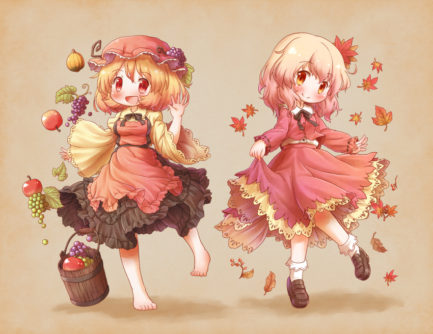 2girls aki_minoriko aki_shizuha apple apron arinu autumn_leaves bangs bare_legs barefoot black_skirt blonde_hair brown_background brown_shoes bucket commentary_request food fruit grapes hat highres leaf leaf_on_head lifted_by_self long_sleeves looking_at_viewer mob_cap multiple_girls red_eyes red_hat red_skirt ribbon-trimmed_sleeves ribbon_trim shoes siblings sisters skirt skirt_lift skirt_set smile socks touhou white_legwear wide_sleeves