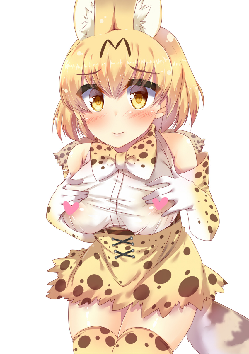1girl animal_ears animal_print bangs bare_shoulders batten belt blonde_hair blush bow bowtie breasts censored closed_mouth commentary_request cross-laced_clothes elbow_gloves eyebrows_visible_through_hair gloves hair_between_eyes hands_on_own_chest heart heart_censor high-waist_skirt highres kemono_friends large_breasts looking_at_viewer print_bow print_legwear print_skirt serval_(kemono_friends) serval_ears serval_print serval_tail shiny shiny_hair shiny_skin shirt short_hair simple_background skirt sleeveless sleeveless_shirt smile solo standing tail taut_clothes taut_shirt thigh-highs white_background white_shirt yellow_eyes yellow_skirt
