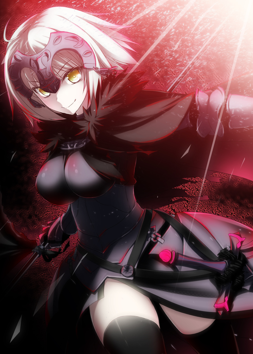 1girl absurdres armor armored_dress black_dress black_legwear breasts breasts_apart dress eyebrows_visible_through_hair fate_(series) highres holding holding_weapon jeanne_alter looking_at_viewer medium_breasts ruler_(fate/apocrypha) sheath sheathed shiny shiny_clothes short_hair silver_hair smile solo suzuri_(tennenseki) sword thigh-highs weapon yellow_eyes