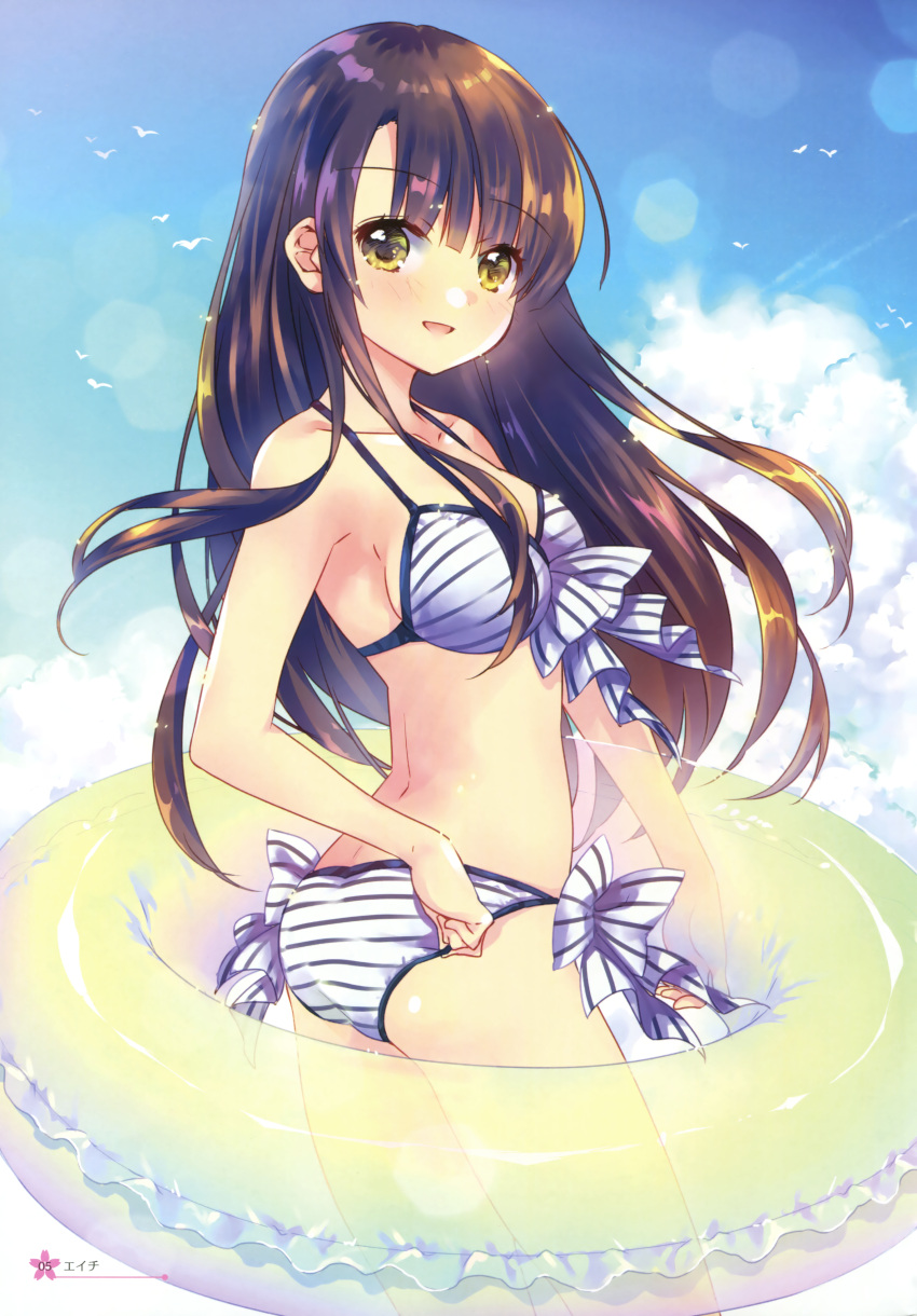 1girl :d absurdres adjusting_clothes adjusting_swimsuit artist_name bikini blue_sky bow breasts brown_hair clouds collarbone cowboy_shot day ech eyebrows_visible_through_hair floating_hair from_side green_eyes highres innertube katou_megumi lens_flare long_hair looking_at_viewer medium_breasts open_mouth outdoors page_number saenai_heroine_no_sodatekata sideboob sky smile solo standing striped striped_bikini striped_bow swimsuit transparent_background very_long_hair white_bikini white_bow