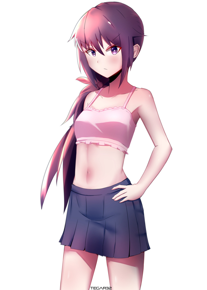 1girl absurdres akebono_(kantai_collection) artist_name bangs bikini collarbone cowboy_shot eyebrows_visible_through_hair flower frown hair_flower hair_ornament hand_on_hip highres kantai_collection looking_at_viewer midriff navel parted_bangs pleated_skirt ponytail purple_hair sidelocks skirt solo swimsuit tegar32 thighs violet_eyes white_background