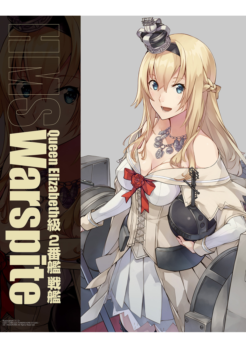 1girl blonde_hair braid breasts cleavage corset crown dress french_braid hair_between_eyes hairband highres jewelry kantai_collection konishi_(koconatu) looking_at_viewer machinery mini_crown necklace off-shoulder_dress off_shoulder official_art red_ribbon ribbon scepter warspite_(kantai_collection) white_dress