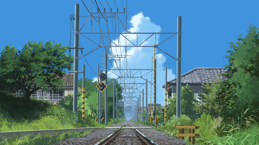 blue_sky clouds commentary_request day fence grass house mac_naut no_humans original outdoors plant power_lines railroad_crossing railroad_tracks road_sign rural scenery sign sky summer telephone_pole tree