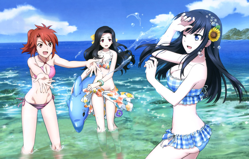 3girls :d ;d absurdres beach bikini bikini_skirt black_hair blue_bikini blue_eyes breasts chiba_erika cleavage collarbone day floating_hair flower frilled_bikini frills groin hair_flower hair_ornament hair_ribbon halterneck highres inflatable_dolphin inflatable_toy ishii_kaori long_hair mahouka_koukou_no_rettousei medium_breasts multiple_girls navel ocean one_eye_closed open_mouth outdoors pink_bikini ponytail red_eyes redhead ribbon saegusa_mayumi sarong shiba_miyuki side-tie_bikini smile standing strapless strapless_bikini sunflower swimsuit very_long_hair wading white_ribbon yellow_flower yellow_ribbon