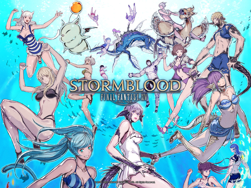 6+boys 6+girls animal_ears au_ra bikini blonde_hair blue_eyes blue_hair breasts brown_eyes brown_hair cat_ears cat_tail chocobo choker cleavage dragon_girl dragon_horns dragon_tail elezen elf facial_mark final_fantasy final_fantasy_xiv fish highres horns hyur jacket lalafell long_hair looking_at_viewer miqo'te moogle multiple_boys multiple_girls official_art one-piece_swimsuit open_clothes open_jacket pale_skin pointy_ears ponytail purple_hair riding roegadyn sandals scales short_hair silver_hair smile swimsuit tail twintails underwater watermark