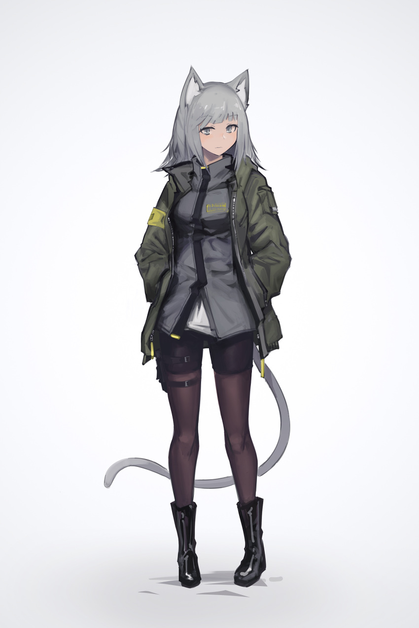 1girl absurdres animal_ears bangs black_boots boots cat_ears cat_girl cat_tail commentary_request deel_(rkeg) eyebrows_visible_through_hair full_body gradient gradient_background green_jacket grey_background grey_eyes grey_hair hands_in_pockets highres holster jacket light_blush long_hair long_sleeves looking_at_viewer original pantyhose purple_legwear shirt solo standing tail white_shirt