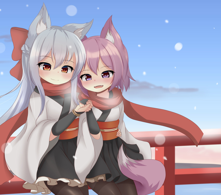 2girls absurdres animal_ears arm_around_waist black_legwear black_skirt blue_sky bow bracelet breath bridal_gauntlets clouds day fangs fox_ears fox_tail hair_bow hand_holding head_to_head highres horizon hotel01 japanese_clothes jewelry kimono lavender_hair multiple_girls obi ocean open_mouth original outdoors pantyhose railing red_eyes red_scarf sash scarf shared_scarf silver_hair skirt sky smile snowing tail twilight violet_eyes