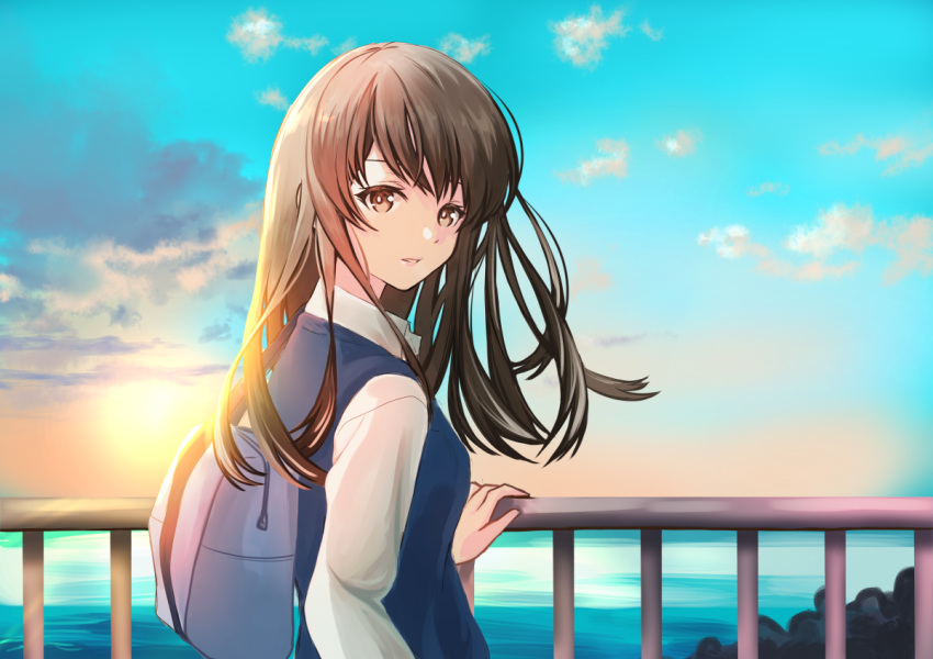 1girl backpack bag blue_sky blue_vest brown_eyes brown_hair clouds day eyelashes hand_on_railing long_hair long_sleeves looking_at_viewer looking_back ocean original outdoors parted_lips railing sheepd shirt sky solo sunset upper_body vest white_shirt