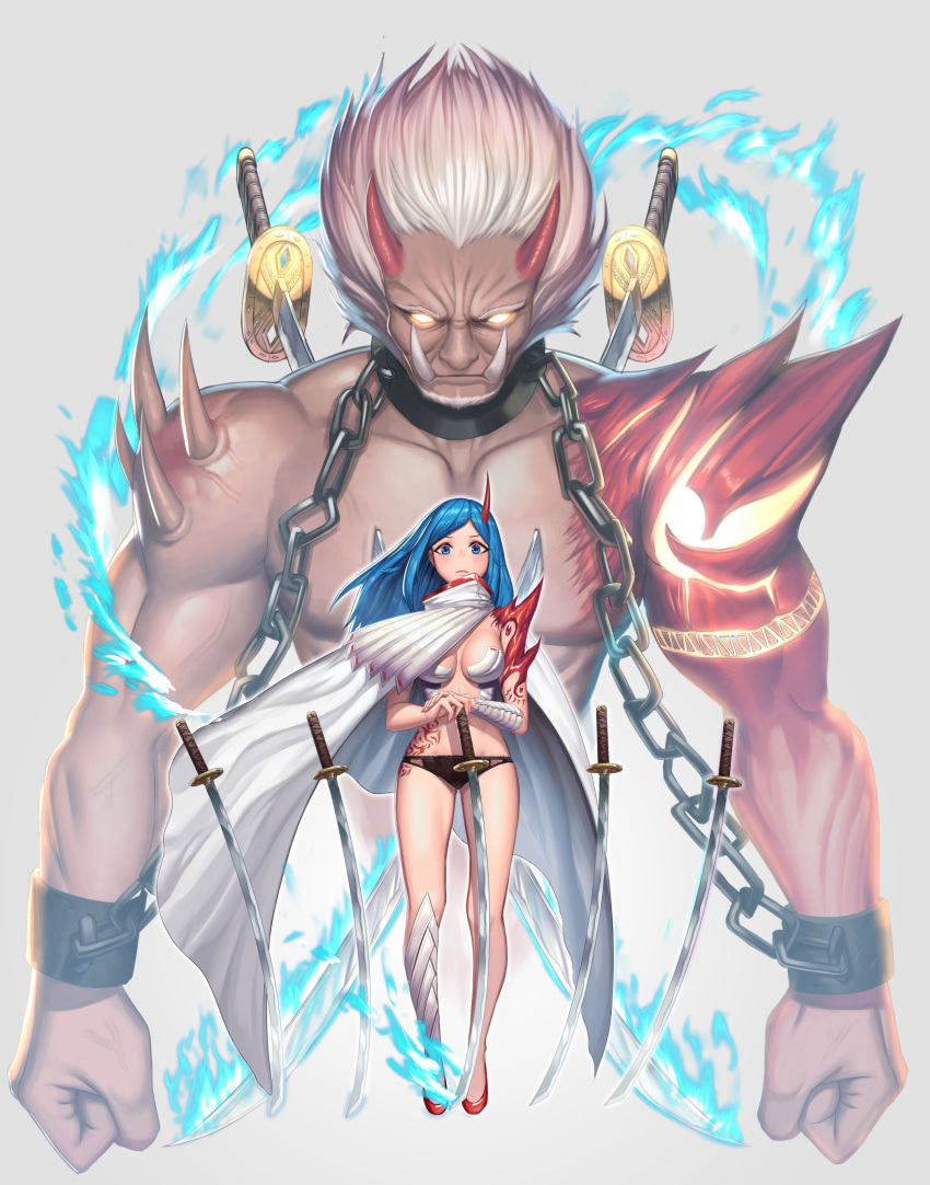 1boy 1girl absurdres bangs bare_shoulders beard black_panties blue_eyes blue_fire blue_hair braid breasts chains clenched_hands cloak closed_mouth collar collarbone commentary_request cuffs cuffs-to-collar dark_skin dark_skinned_male facial_hair fire flaming_sword floating_swords floating_weapon french_braid full_body glowing glowing_eyes gradient gradient_background grey_background grey_hair hand_on_hilt high_collar highres horn katana long_hair looking_at_viewer medium_breasts moonandmist multiple_swords muscle oni oni_horns original panties parted_bangs red_shoes revealing_clothes serious shackles shiny shiny_hair shoes shoulder_spikes spikes spiky_hair spirit standing sword tattoo tusks underwear upper_body veins weapon white_cloak wind yellow_eyes