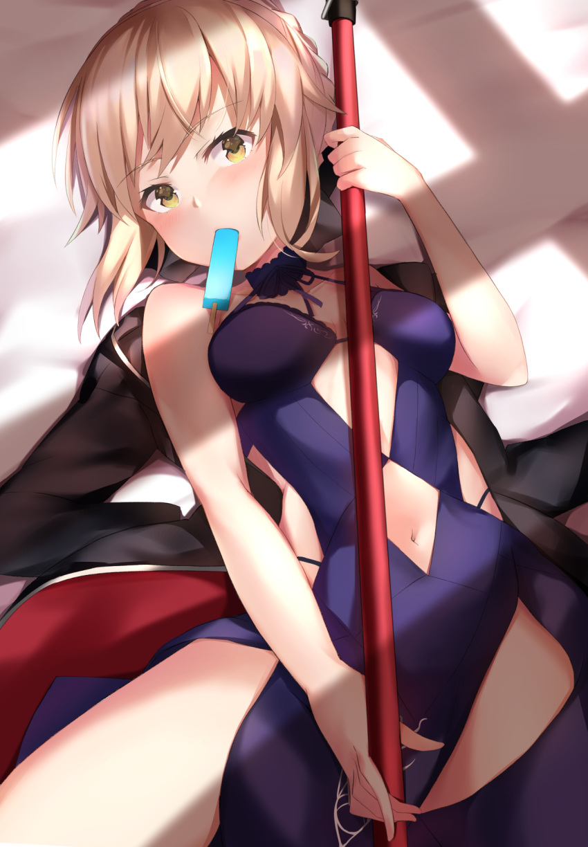 1girl artoria_pendragon_(all) artoria_pendragon_(swimsuit_rider_alter)_(fate) bangs bare_arms bare_shoulders black_jacket blonde_hair blue_dress braid breasts choker dress eating fate/grand_order fate_(series) food french_braid hair_ribbon highres holding jacket jacket_removed looking_at_viewer lying maosame medium_breasts mouth_hold navel navel_cutout on_back popsicle ribbon saber_alter shadow short_hair sleeveless sleeveless_dress solo yellow_eyes