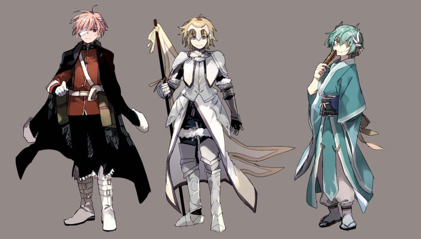 aqua_hair armor bandage bandage_over_one_eye belt blonde_hair blue_eyes boots chains fate/grand_order fate_(series) faulds flag florence_nightingale_(fate/grand_order) fur_trim gauntlets genderswap genderswap_(ftm) gloves headpiece horns jacket_on_shoulders japanese_clothes kimono kiyohime_(fate/grand_order) looking_at_viewer military military_uniform pink_hair popokuri red_eyes ruler_(fate/apocrypha) smile standard_bearer uniform white_gloves yellow_eyes