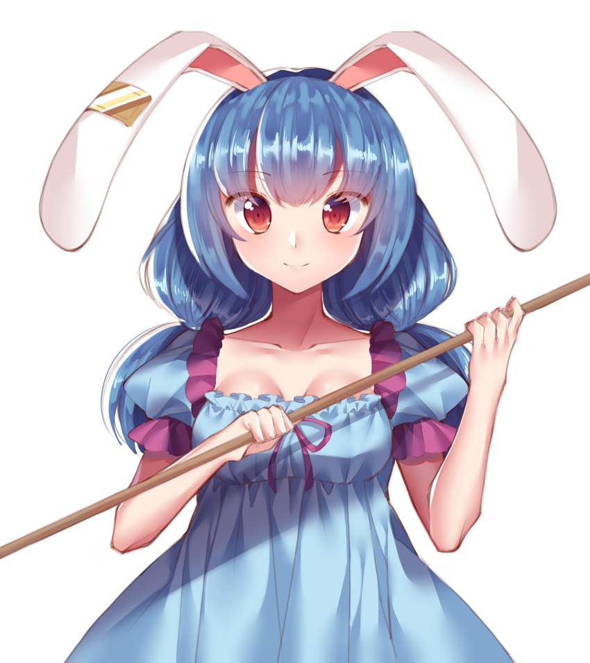 1girl absurdres animal_ears blue_dress blue_hair breasts cleavage collarbone cowboy_shot dress ear_clip gem_oblivion highres holding kine looking_at_viewer low_twintails medium_breasts puffy_short_sleeves puffy_sleeves rabbit_ears red_eyes seiran_(touhou) short_sleeves simple_background smile solo touhou twintails white_background