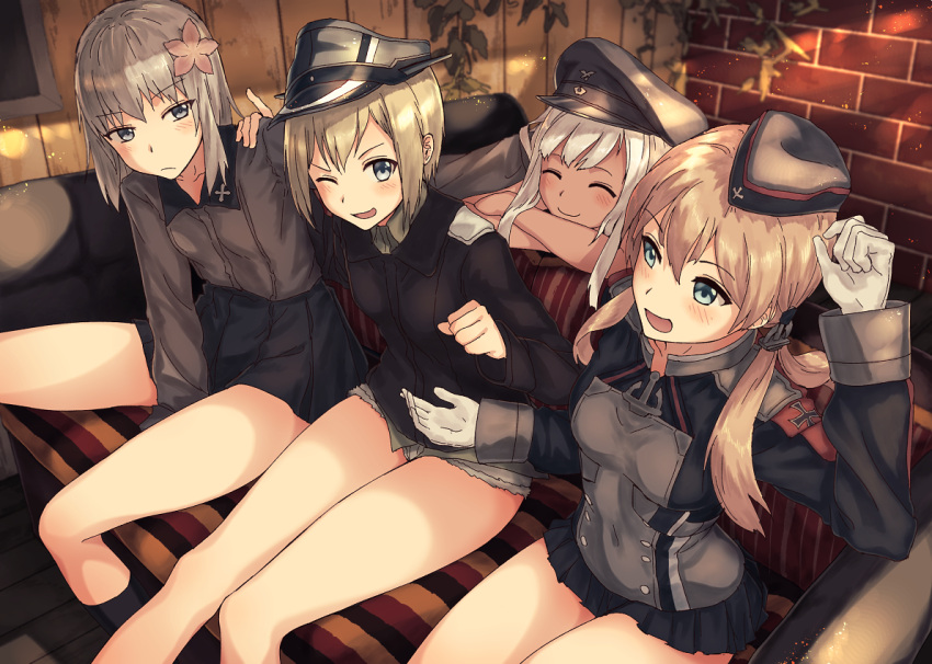 4girls :/ :d ;d anchor_hair_ornament anchor_symbol aqua_eyes bangs black_jacket black_legwear black_skirt blonde_hair blue_eyes blurry blurry_background blush breasts brick_wall closed_eyes collared_shirt couch country_connection crossover erica_hartmann flower frown furukawa_wanosuke garrison_cap girls_und_panzer gloves grey_hair grey_shirt hair_between_eyes hair_flower hair_ornament hand_on_another's_head hand_on_another's_shoulder hat headwear_switch iron_cross itsumi_erika jacket kantai_collection kuromorimine_school_uniform long_hair long_sleeves looking_at_another low_twintails microskirt military military_hat military_uniform miniskirt multiple_crossover multiple_girls namesake no_pants one_eye_closed open_mouth peaked_cap plant pleated_skirt prinz_eugen_(kantai_collection) ro-500_(kantai_collection) school_uniform shirt short_hair sitting skirt small_breasts smile socks strike_witches tan twintails uniform white_gloves white_hair wooden_wall world_witches_series