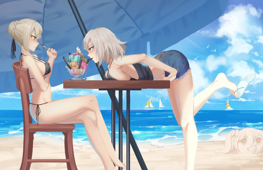2girls absurdres artoria_pendragon_(all) barefoot beach bent_over bikini black_bikini black_ribbon black_shirt blue_shorts breast_press breasts clouds cloudy_sky crossed_arms day erect_nipples eye_contact fate_(series) food from_side hair_ribbon highres ice_cream jeanne_alter large_breasts looking_at_another maomaozi midriff multiple_girls ocean one_leg_raised outdoors ribbon ruler_(fate/apocrypha) saber_alter shirt short_hair short_shorts shorts side-tie_bikini sideboob silver_hair sitting sky sleeveless sleeveless_shirt swimsuit torn_clothes torn_shorts yellow_eyes