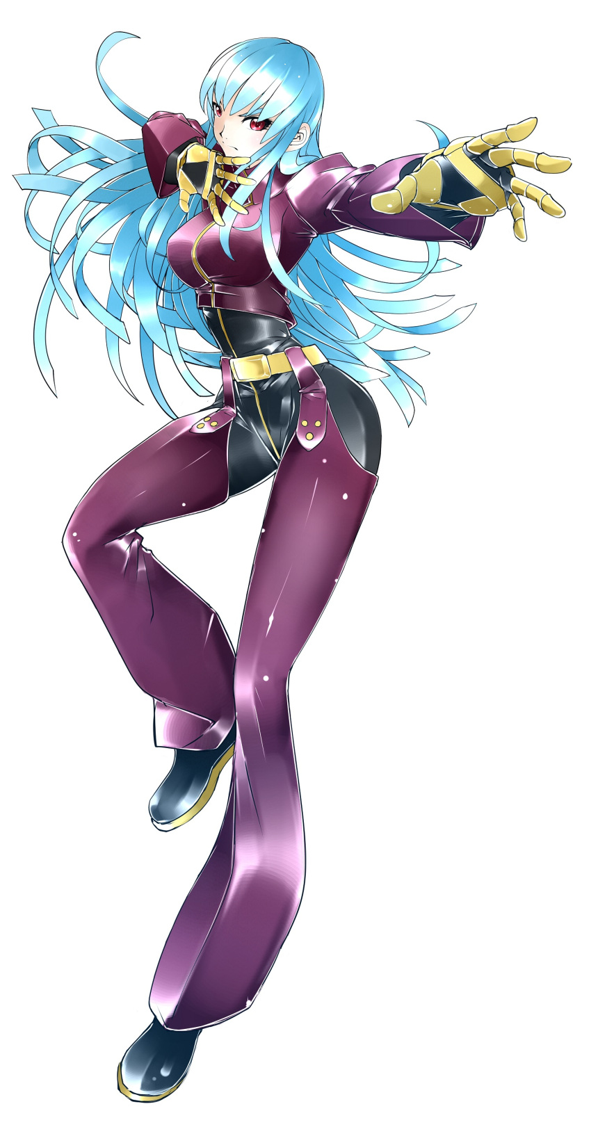 1girl absurdres belt blue_hair blunt_ends bodysuit cai-man chaps cropped_jacket fighting_stance foreshortening gloves highres kula_diamond long_hair outstretched_arm pants red_eyes shoes simple_background snk solo the_king_of_fighters very_long_hair white_background yellow_gloves
