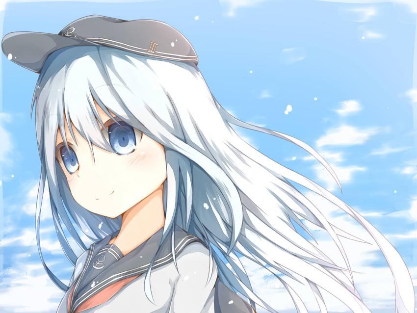 1girl anchor_symbol black_hat clouds cloudy_sky day eyebrows_visible_through_hair floating_hair grey_shirt hair_between_eyes hat hibiki_(kantai_collection) kantai_collection long_hair neckerchief outdoors portrait red_neckerchief shirt silver_hair sky smile solo sorahachi_(sora823) visor_cap