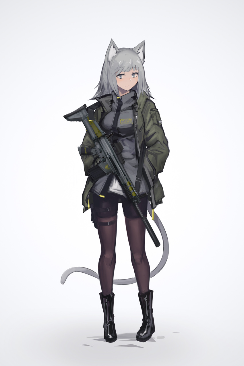 1girl absurdres animal_ears assault_rifle bangs black_boots boots cat_ears cat_girl cat_tail commentary_request deel_(rkeg) eyebrows_visible_through_hair fn_scar full_body gradient gradient_background green_jacket grey_background grey_eyes grey_hair gun hand_in_pocket highres holding holding_gun holding_weapon holster jacket light_blush long_hair long_sleeves looking_at_viewer original pantyhose purple_legwear rifle shirt solo standing tail weapon white_shirt