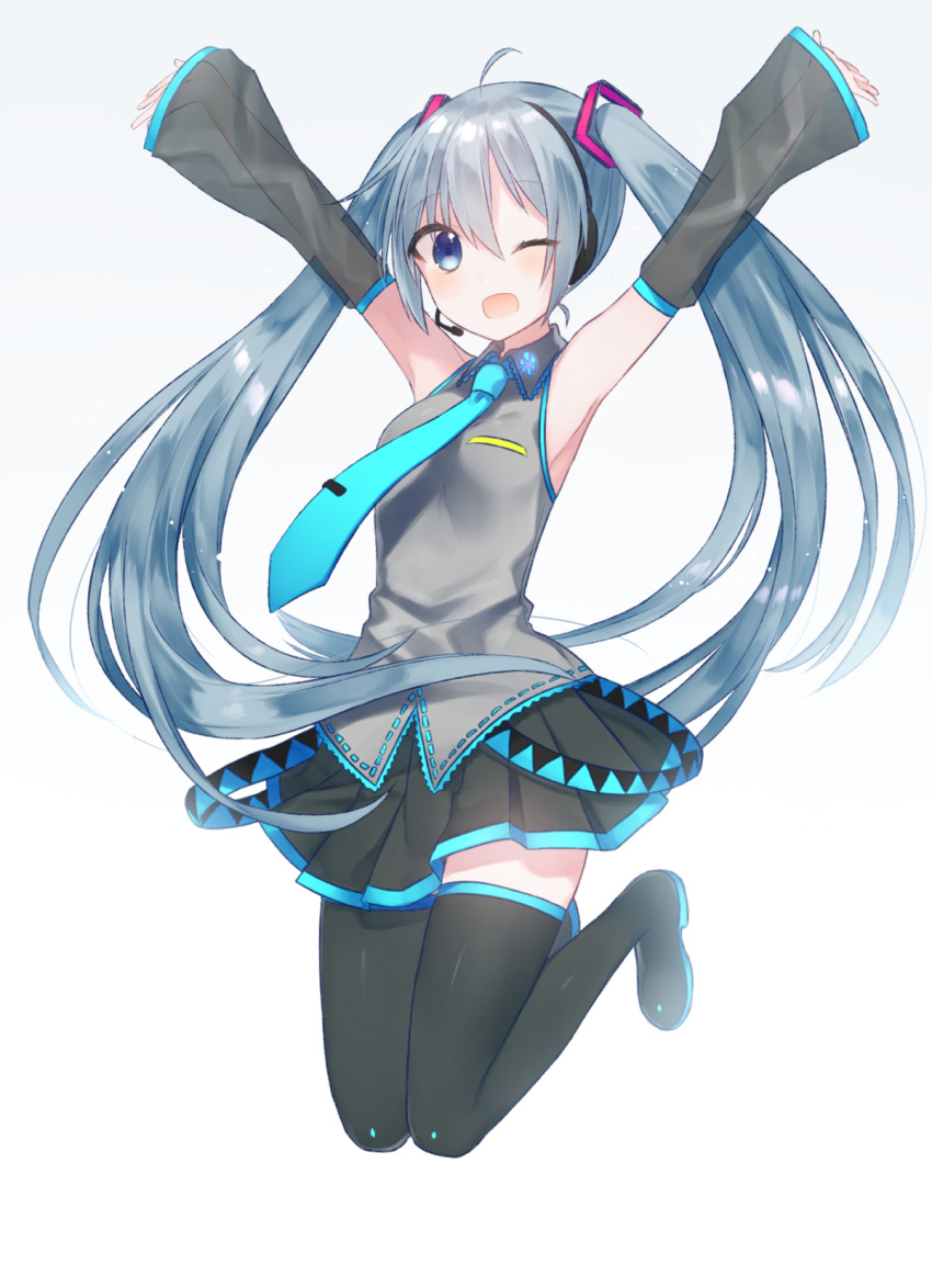 1girl ;d aqua_necktie armpits arms_up black_boots black_legwear black_skirt blue_eyes blue_hair boots detached_sleeves engawa_(l__sv) gradient gradient_background grey_background hatsune_miku headset highres long_hair looking_at_viewer necktie one_eye_closed open_mouth skirt smile solo thigh-highs thigh_boots twintails vocaloid white_background zettai_ryouiki