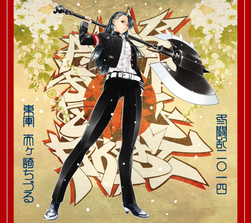 1girl arm_up armband axe battle_axe belt black_hair brown_hair cai-man cornrows flower flower_request graffiti high_heels highres holding holding_weapon huge_weapon jacket long_hair looking_at_viewer open_clothes open_jacket original over_shoulder pants pillarboxed red_sun ruffled_shirt school_uniform scroll_background seal_script snow solo touran-sai translation_request weapon weapon_over_shoulder white_flower