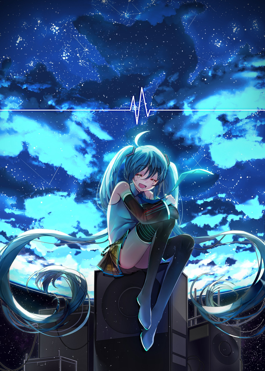1girl absurdres ahoge aqua_hair aqua_necktie black_boots black_skirt boots closed_eyes clouds cloudy_sky collared commentary_request crying detached_sleeves hatsune_miku highres korean leg_hug long_hair long_sleeves necktie night night_sky onew pleated_skirt shirt skirt sky sleeveless sleeveless_shirt solo speaker star_(sky) starry_sky thigh-highs thigh_boots twintails very_long_hair vocaloid wing_collar